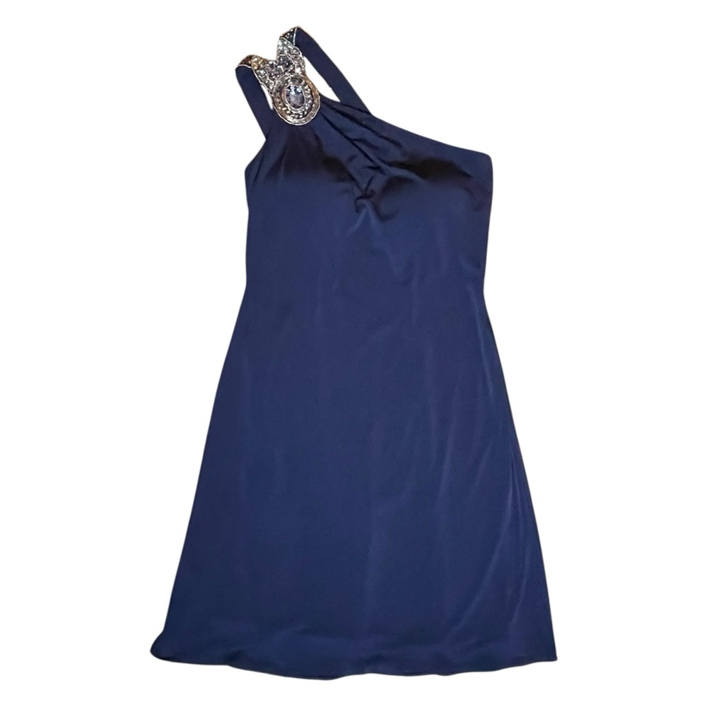 Cachet One-Shoulder Beaded Mini Dress Size 10 Dark Navy Blue Prom Cocktail Party